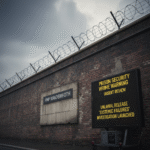 “HMP Wandsworth prison exterior in London, security fencing visible”