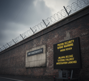 “HMP Wandsworth prison exterior in London, security fencing visible”