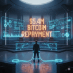 “Futuristic cybercrime scene with holographic Bitcoin, hacker silhouette, and digital courtroom elements.”