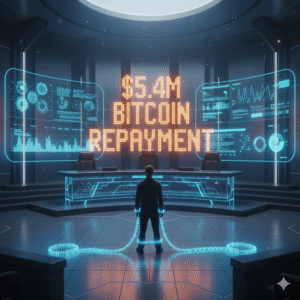 “Futuristic cybercrime scene with holographic Bitcoin, hacker silhouette, and digital courtroom elements.”