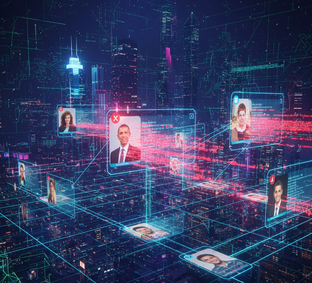 “Holographic social media network being infiltrated by red digital code with Obama’s X account highlighted.”