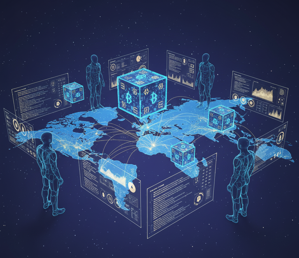 “Global blockchain map with glowing transaction paths and investigators analyzing floating crypto data.”