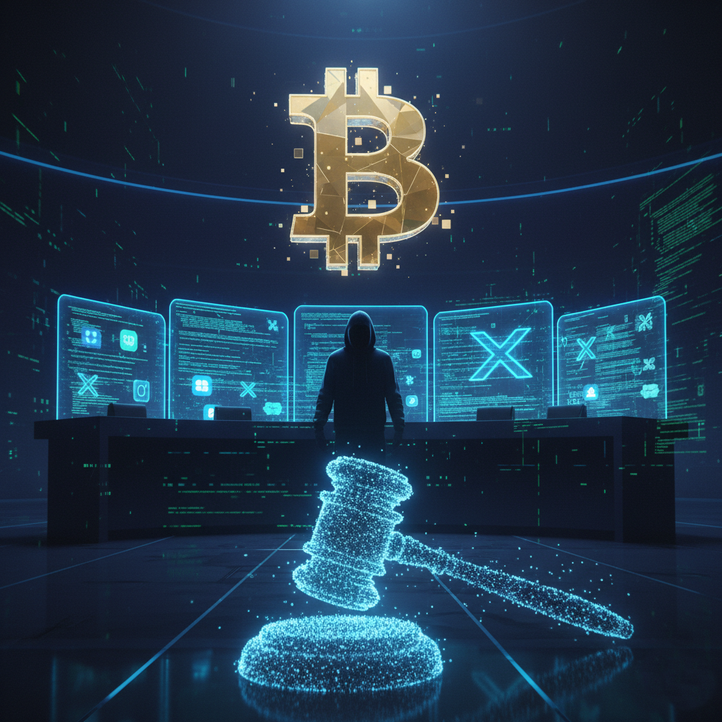 “Futuristic cybercrime scene with holographic Bitcoin, hacker silhouette, and digital courtroom elements.”