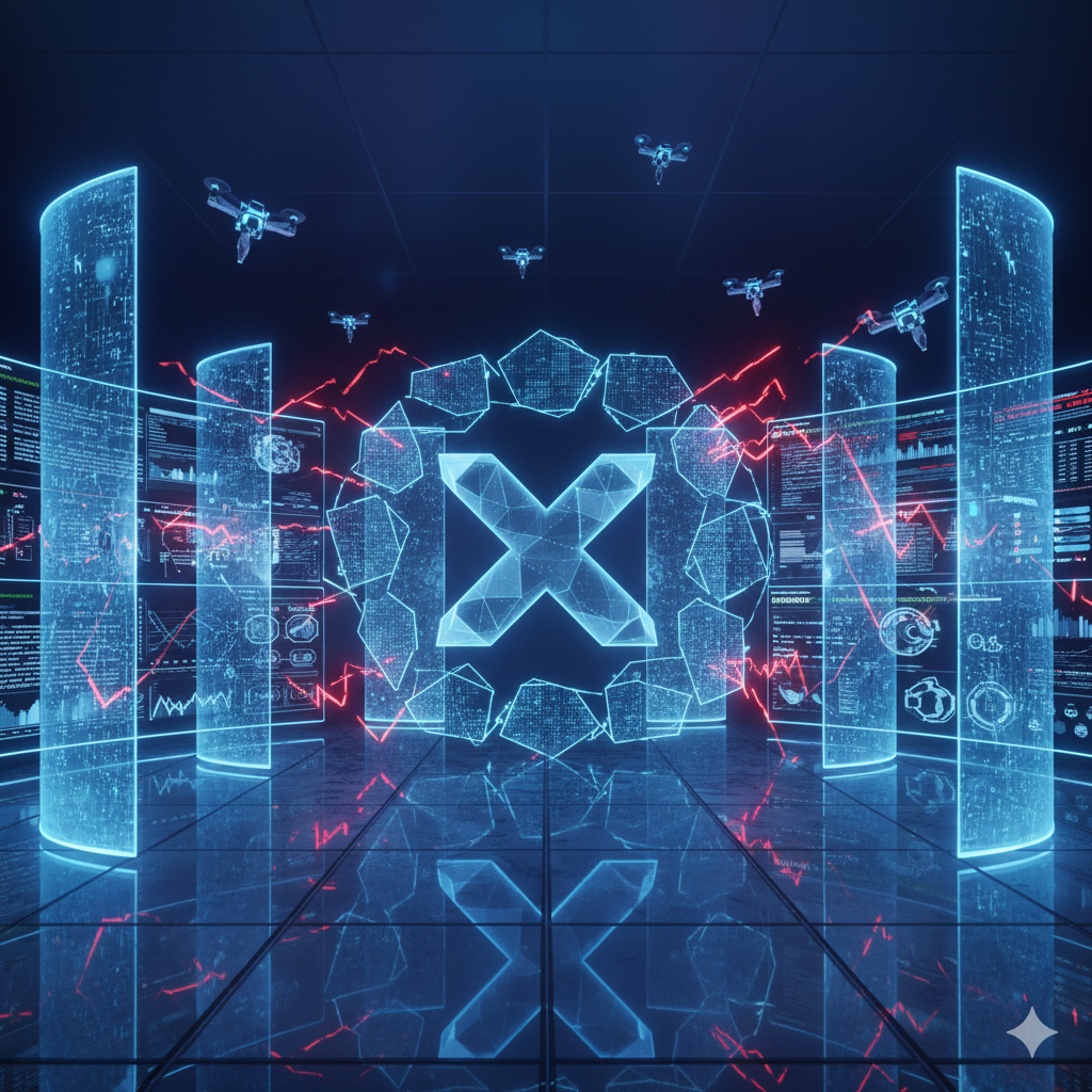 “AI-powered security command center with holographic X logo and active firewall shields.”