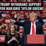 Marjorie Taylor Greene speaking at a press conference after feud with Donald Trump