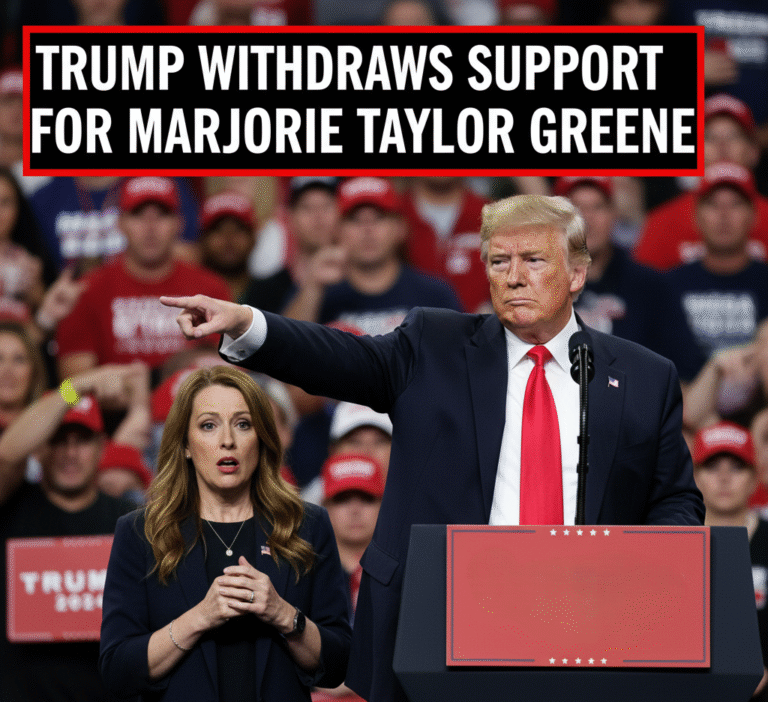 Marjorie Taylor Greene speaking at a press conference after feud with Donald Trump