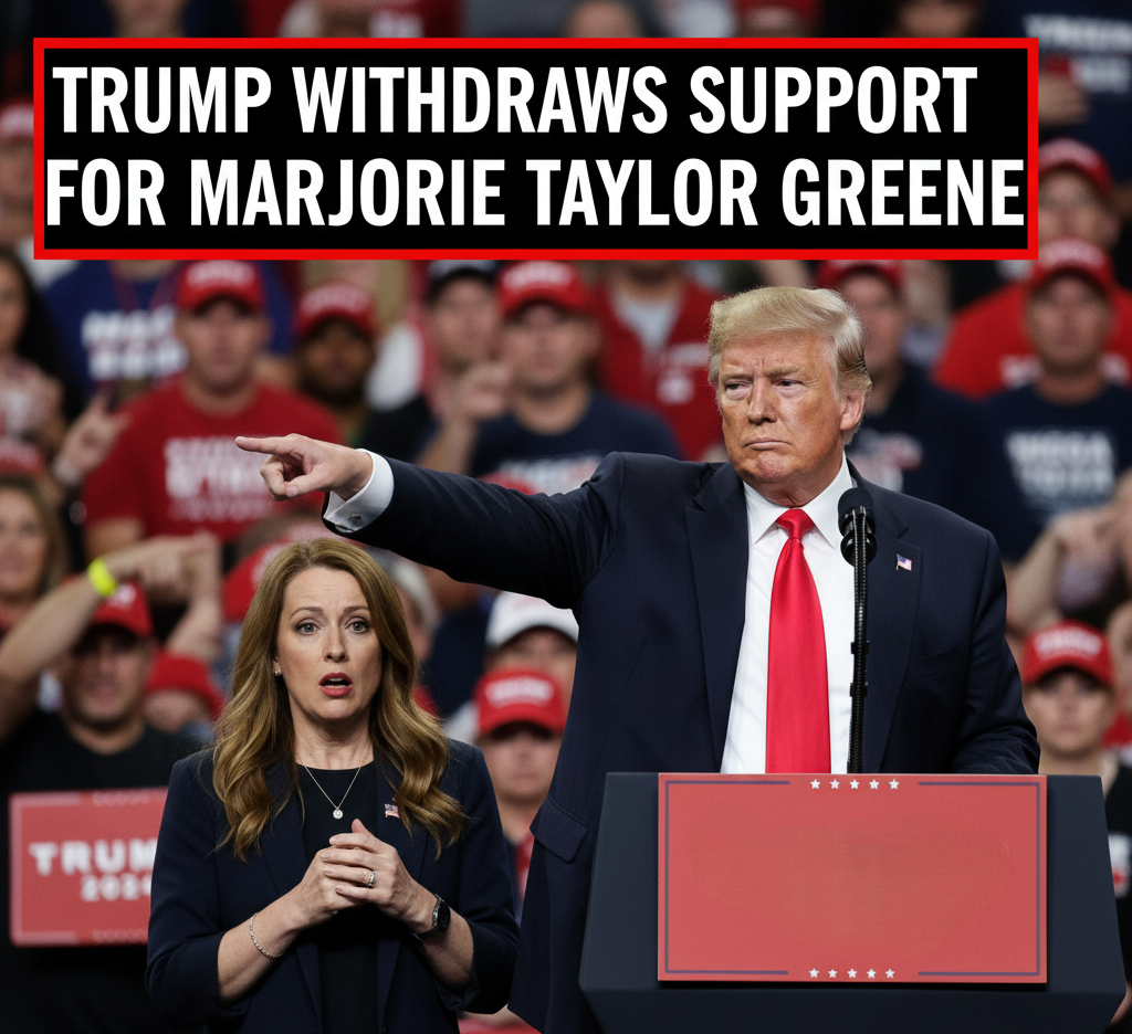 Marjorie Taylor Greene speaking at a press conference after feud with Donald Trump